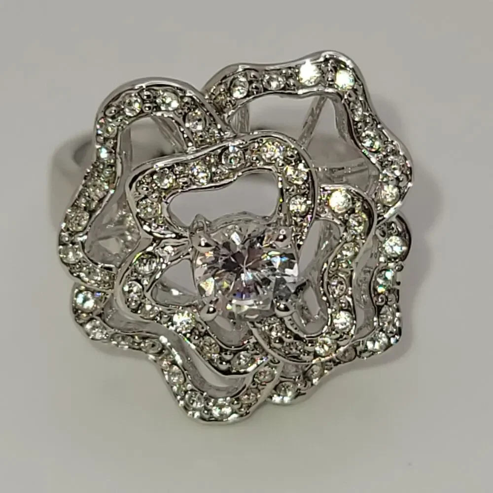 Vintage Nolan Miller Silver-tone Cubic Zirconia Floral Statement Ring